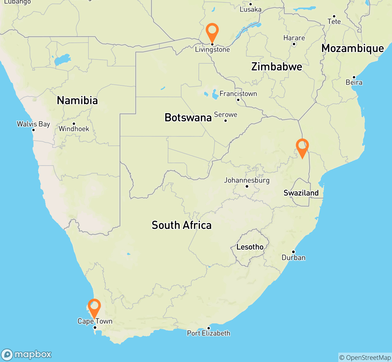 Luxury Cape, Kruger & Victoria Falls Safari Map